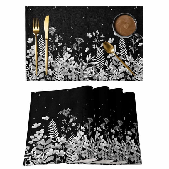 Spring Flowers Placemats Set of 1, Mystic Butterfly Black White Floral Eucalyptus Leaves Non-Slip Place Mats Washable Table Mats for Kitchen Dining Table Decorations Indoor/Outdoor