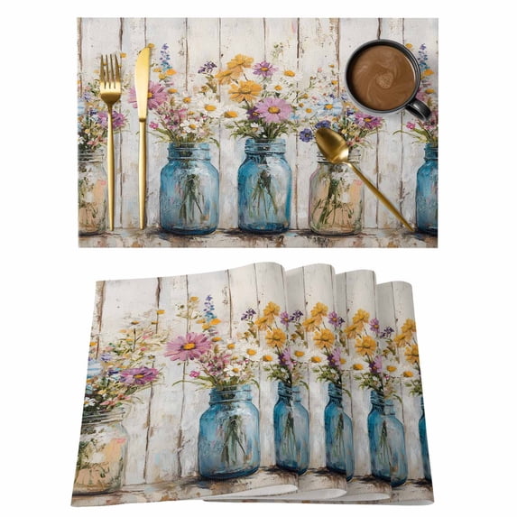 Spring Flowers Placemats Set of 1, Retro Oil Painting Style Floral Wood Texture Non-Slip Place Mats Washable Table Mats for Kitchen Dining Table Decorations Indoor/Outdoor