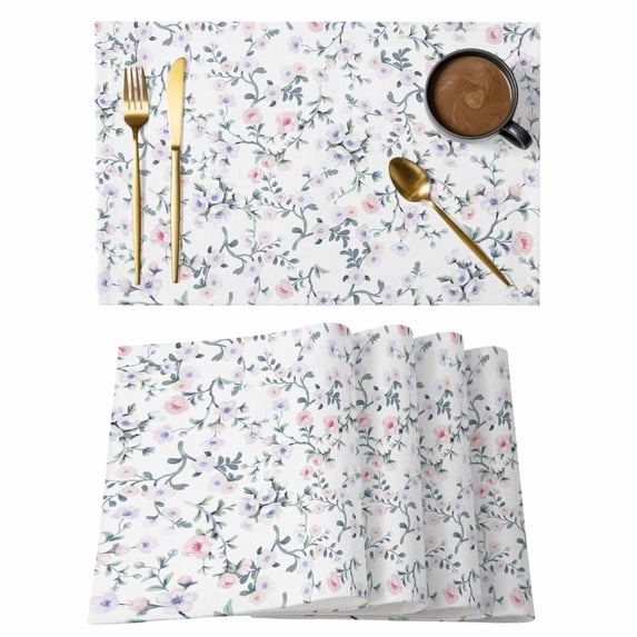 Spring Flowers Placemats Set of 12 Blue Pink Floral Leaves Pastoral Botanical Place Mats Indoor Wipeable Table Mats Washable Dining Table Placemats for Kitchen Holiday Party Home Decor 13x19 Inch