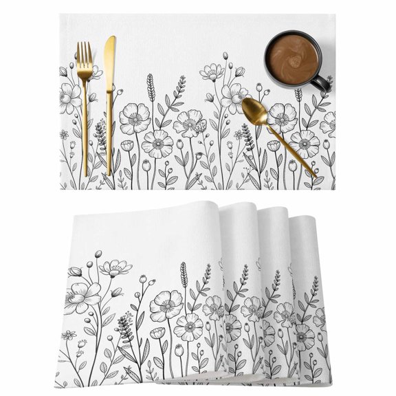 Spring Flowers Placemats Set of 4 Modern Simple Botanical Wildflowers Herbs Place Mats Indoor Wipeable Table Mats Washable Cloth Dining Table Placemats for Kitchen Holiday Party Home Decor 13x19 Inch