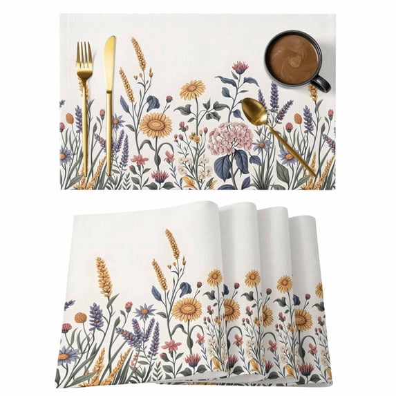 Spring Flowers Placemats Set of 4, Sunflower Wheat Ears Daisy Retro Non-Slip Place Mats Washable Table Mats for Kitchen Dining Table Decorations Indoor/Outdoor