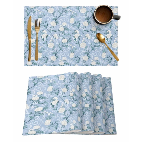 Spring Flowers Placemats Set of 6 Retro White Floral Blue Retro Texture Heat Insulation Washable Place Mats, Rustic Non-Slip Table Mats for Dining Table Party Kitchen Decor,13x19 Inch