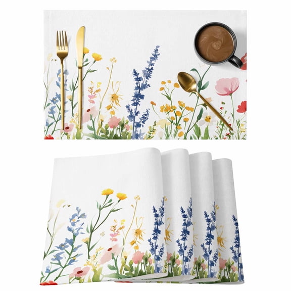 Spring Flowers Placemats Set of 8 Simple Botanical Wildflowers Herbs Place Mats Indoor Wipeable Table Mats Washable Cloth Dining Table Placemats for Kitchen Holiday Party Home Decor 13x19 Inch
