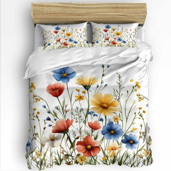 Spring Flowers Queen Size Comforter Set, Blue Red Yellow Floral Plant Soft Bedding for All Seasons, 4 Pcs Bed Set with 1Comforter (90"x92") ,1 Sheet(94"x116"), 2 Pillowcases (19"x29")