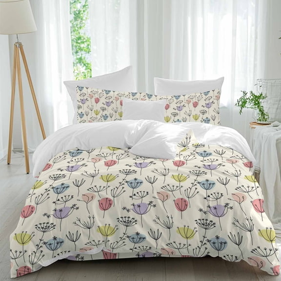 Spring Flowers Queen Size Comforter Set, Colorful Dandelion Line Floral Beige Background Bedding for All Seasons, 4 Pcs Bed Set, 1Quiltcover (90"x92") ,1Sheet(94"x116"), 2Pillowcases (30"x20")