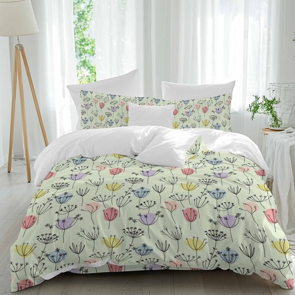 Spring Flowers Queen Size Comforter Set, Colorful Dandelion Line Floral Green Background Bedding for All Seasons, 4 Pcs Bed Set, 1Quiltcover (90"x92") ,1Sheet(94"x116"), 2Pillowcases (30"x20")