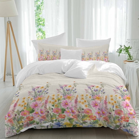 Spring Flowers Queen Size Comforter Set, Country Colorful Wildflowers Field Retro Linen Bedding for All Seasons, 4 Pcs Bed Set, 1Quiltcover (90"x92") ,1Sheet(94"x116"), 2Pillowcases (30"x20")