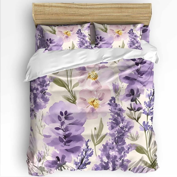 Spring Flowers Queen Size Comforter Set, Lavender Leaf Purple Floral Retro Soft Bedding for All Seasons, 4 Pcs Bed Set with 1Comforter (90"x92") ,1 Sheet(94"x116"), 2 Pillowcases (19"x29")