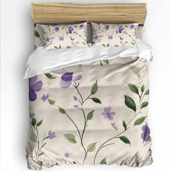 Spring Flowers Queen Size Comforter Set, Purple Floral Leaf Vintage Soft Bedding for All Seasons, 4 Pcs Bed Set with 1Comforter (90"x92") ,1 Sheet(94"x116"), 2 Pillowcases (19"x29")