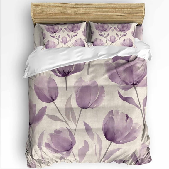 Spring Flowers Queen Size Comforter Set, Purple Tulip Flower Watercolor Floral Retro Soft Bedding for All Seasons, 4 Pcs Bed Set with 1Comforter (90"x92") ,1 Sheet(94"x116"), 2 Pillowcases (19"x29")