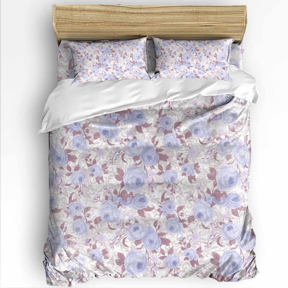 Spring Flowers Queen Size Comforter Set, Retro Purple Floral Texture Soft Bedding for All Seasons, 4 Pcs Bed Set with 1Comforter (90"x92") ,1 Sheet(94"x116"), 2 Pillowcases (19"x29")
