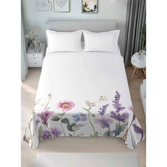 Spring Flowers Queen Size Flat Sheet, Wrinkleproof & Fadeproof Cooling Flat Bed Sheet Only, Idyllic Lavender Botanical Blossom Motif Breathable Soft Bedding Top Sheets 90 x 102 Inches