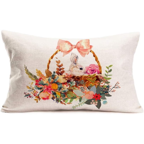 Spring Flowers Rabbit Bunny Basket Easter Pillow Covers 12x20 inch Cute Animal Decorative Cotton Linen Cushion Case for Home Sofa Easter Decoration (VD-24)