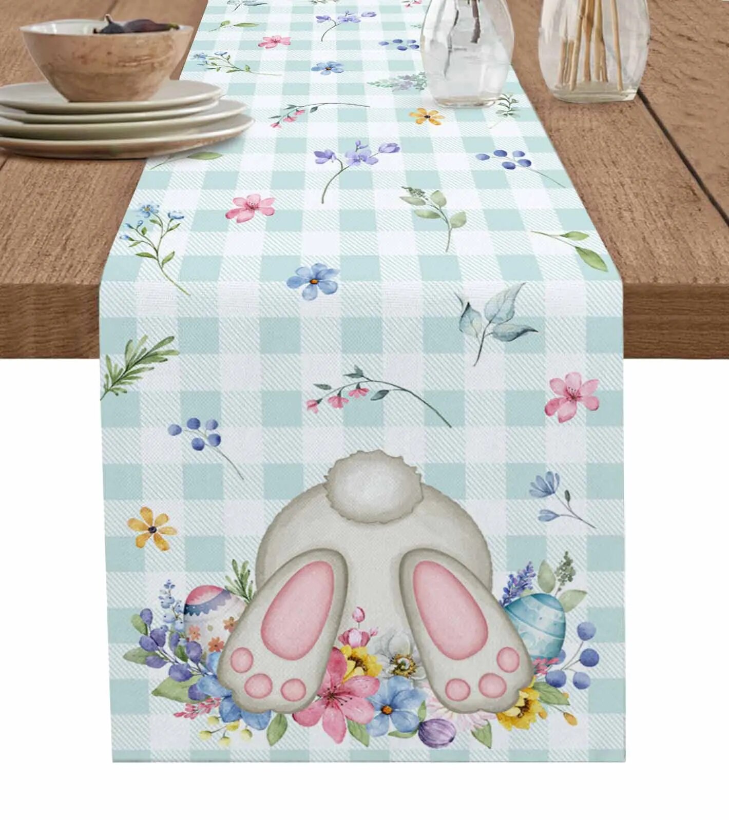 Spring Flowers Rabbit Eggs Table Runner for Dining Table Wedding