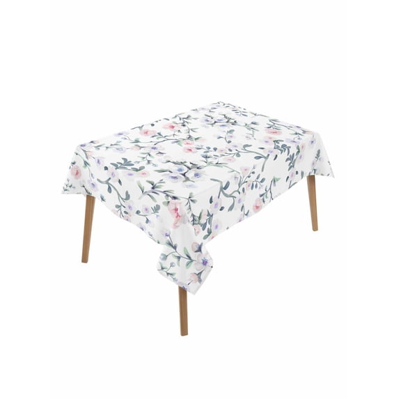 Spring Flowers Rectangle Tablecloth, Blue Pink Floral Leaves Pastoral Botanical Waterproof & StainResistant Tablecloth, Washable Oil-proof Table Cover for Dining/Party/Wedding/Camping/Buffet 52x70 In
