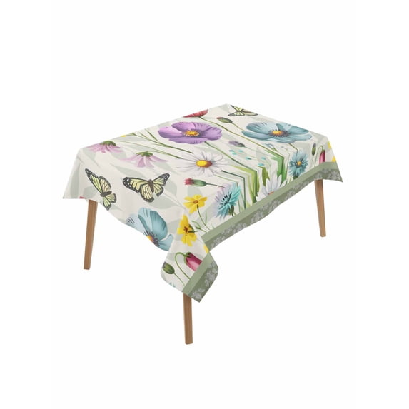 Spring Flowers Rectangle Tablecloth, Retro Boho Botanical Florals Butterfly Waterproof & StainResistant Tablecloth, Washable Oil-proof Table Cover for Dining/Party/Wedding/Camping/Buffet 52x70 In