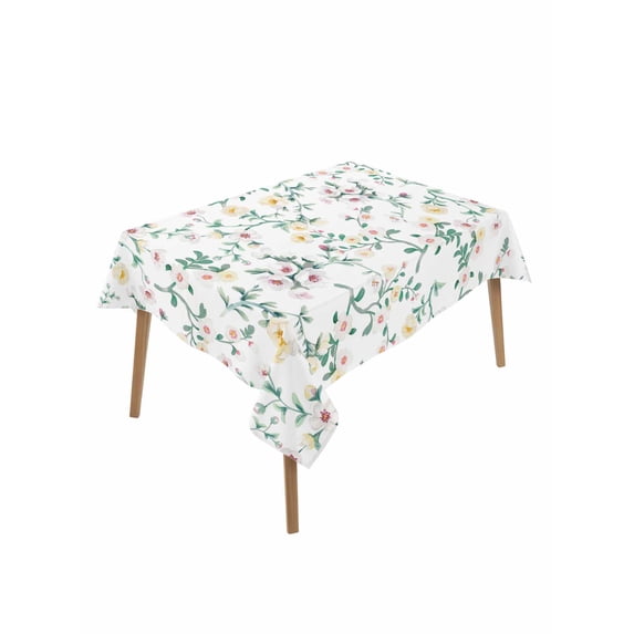 Spring Flowers Rectangle Tablecloth, Yellow Pink Floral Leaves Country Farm Plants Waterproof & StainResistant Tablecloth, Washable Oil-proof Table Cover for Dining/Party/Wedding/Buffet 52x70 In