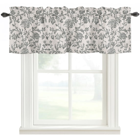 Spring Flowers Rod Pocket Curtain Valance, Farmhouse Grey-blue Pastoral Floral Leaf Farmhouse Window Valance for Living Room, Bedroom, Kitchen 42"W x 18"L
