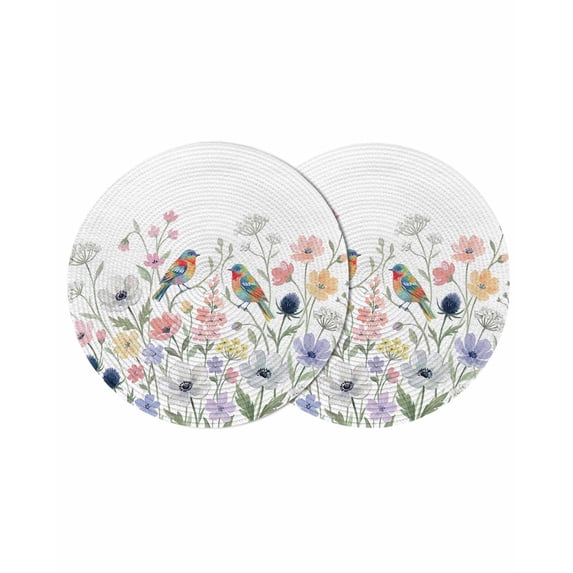 Spring Flowers Round 13 Inch Placemats Set of 2, Colored Birds Country Floral Leaves Botanical HeatResistant Non Slip Place Mats for Dining Table, Wipeable Braided Kitchen Table Mats for Housewarming