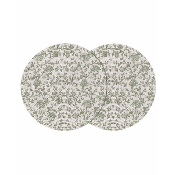 Spring Flowers Round 13 Inch Placemats Set of 2, Farmhouse Sage Green Pastoral Floral Leaf HeatResistant Non Slip Place Mats for Dining Table, Wipeable Braided Kitchen Table Mats for Housewarming