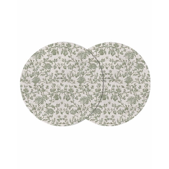 Spring Flowers Round 13 Inch Placemats Set of 2, Farmhouse Sage Green Pastoral Floral Leaf HeatResistant Non Slip Place Mats for Dining Table, Wipeable Braided Kitchen Table Mats for Housewarming