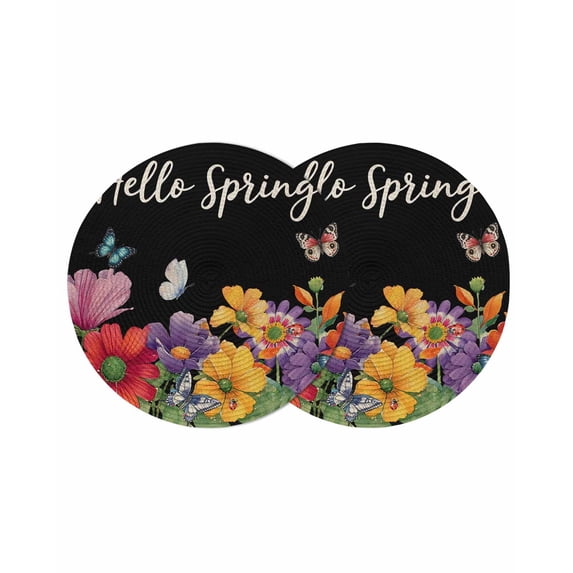 Spring Flowers Round 13 Inch Placemats Set of 2, Watercolor Country Colorful Floral Black HeatResistant Non Slip Place Mats for Dining Table, Wipeable Braided Kitchen Table Mats for Housewarming