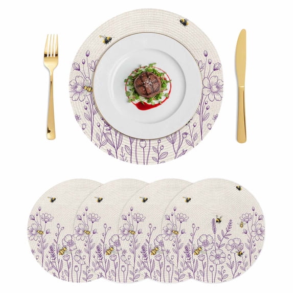 Spring Flowers Round 13 Inch Placemats Set of 4, Farmhouse Botanical Purple Floral Bees HeatResistant Non Slip Place Mats for Dining Table, Wipeable Braided Kitchen Table Mats for Housewarming