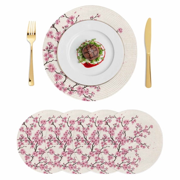 Spring Flowers Round 13 Inch Placemats Set of 4, Pink Cherry Blossom Branches Plants Beige HeatResistant Non Slip Place Mats for Dining Table, Wipeable Braided Kitchen Table Mats for Housewarming