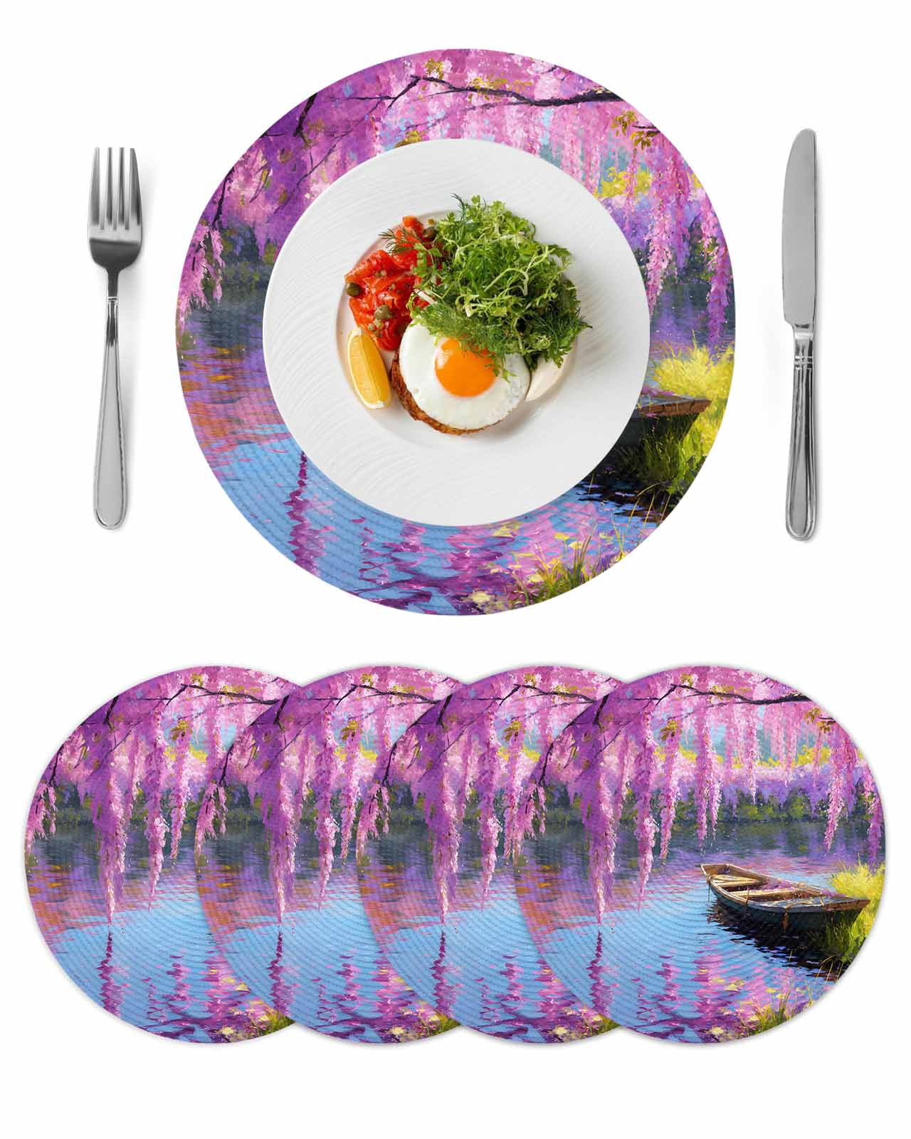 Spring Flowers Round 13 Inch Placemats Set of 4, Purple Vine Lake Boat ...