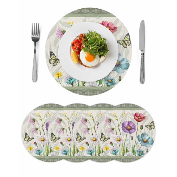 Spring Flowers Round 13 Inch Placemats Set of 4, Retro Boho Botanical Florals Butterfly HeatResistant Non Slip Place Mats for Dining Table, Wipeable Braided Kitchen Table Mats for Housewarming