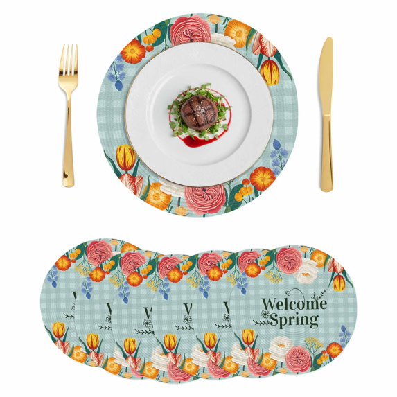 Spring Flowers Round 13 Inch Placemats Set of 6, Nature Botanical Wildflower Garden Plaid HeatResistant Non Slip Place Mats for Dining Table, Wipeable Braided Kitchen Table Mats for Housewarming