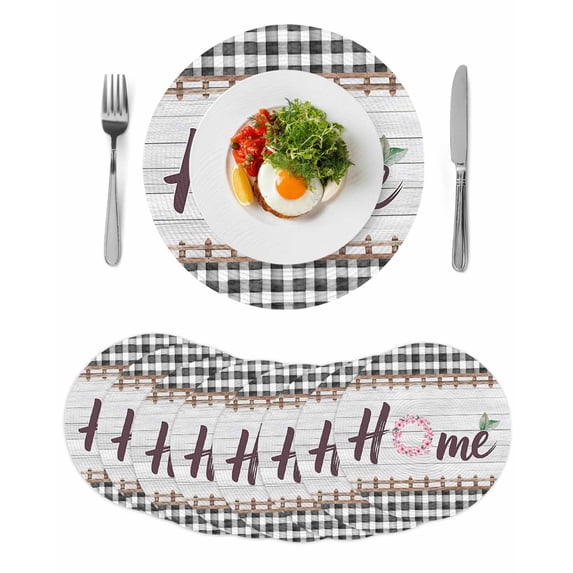 Spring Flowers Round 13 Inch Placemats Set of 8, Farmhouse Watercolor Black Plaid Wood Grain HeatResistant Non Slip Place Mats for Dining Table, Wipeable Braided Kitchen Table Mats for Housewarming