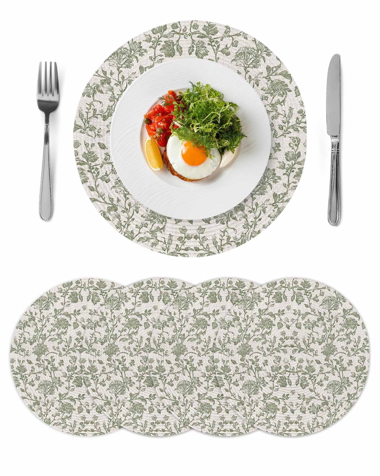 Spring Flowers Round 15 Inch Placemats Set of 4, Farmhouse Sage Green Pastoral Floral Leaf HeatResistant Non Slip Place Mats for Dining Table, Wipeable Braided Kitchen Table Mats for Housewarming