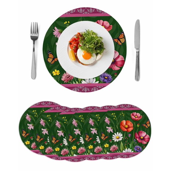 Spring Flowers Round 15 Inch Placemats Set of 6, Purple Boho Farmhouse Botanical Florals HeatResistant Non Slip Place Mats for Dining Table, Wipeable Braided Kitchen Table Mats for Housewarming