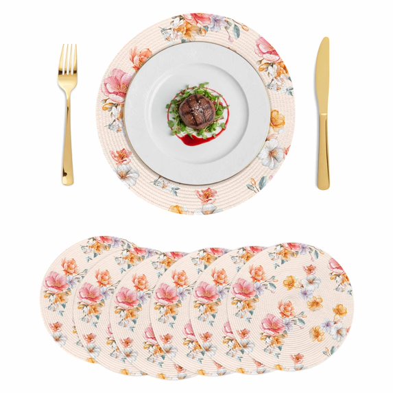 Spring Flowers Round 15 Inch Placemats Set of 6, Yellow Pink Floral Pastoral Botanical HeatResistant Non Slip Place Mats for Dining Table, Wipeable Braided Kitchen Table Mats for Housewarming