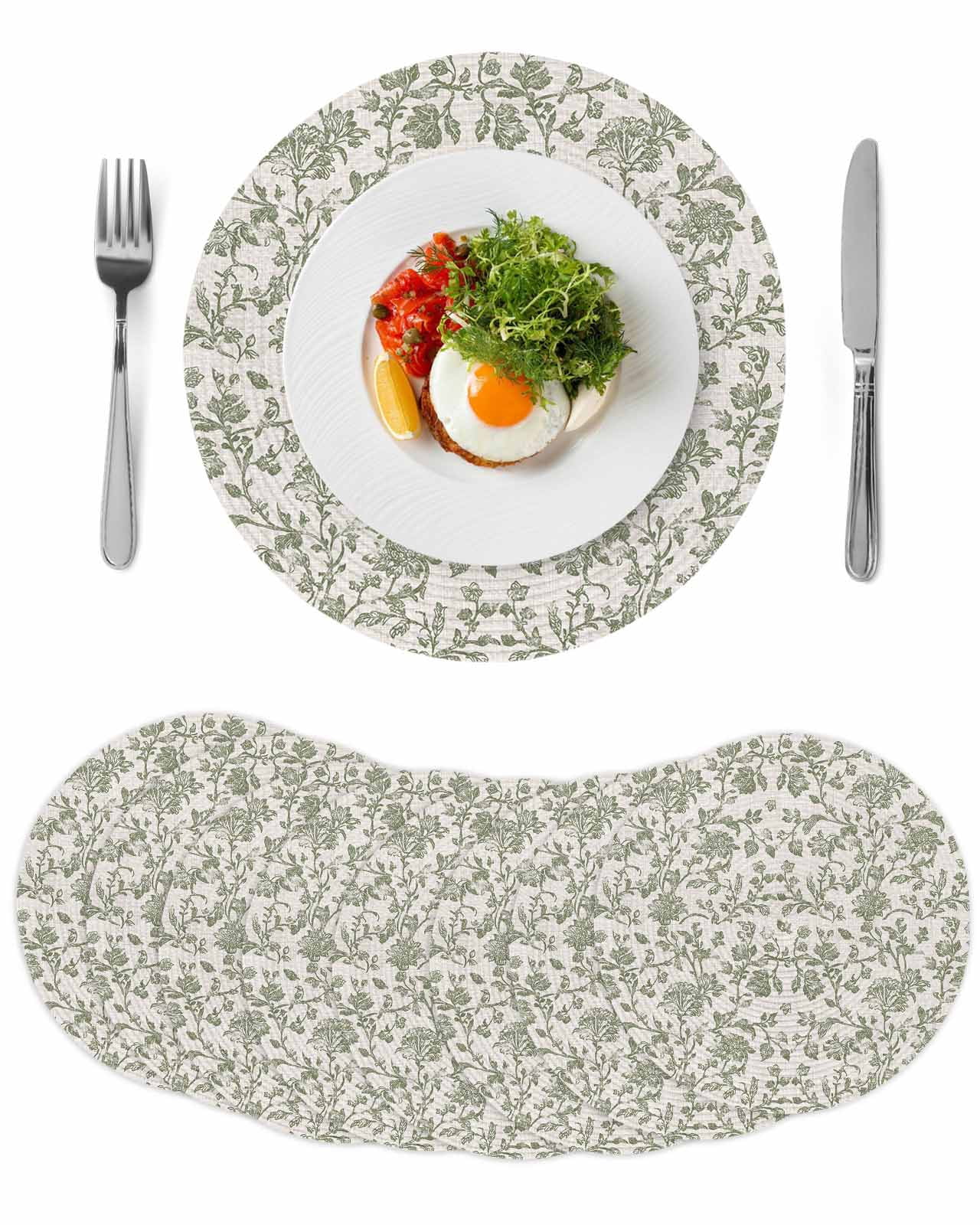 Spring Flowers Round 15 Inch Placemats Set of 8, Farmhouse Sage Green Pastoral Floral Leaf HeatResistant Non Slip Place Mats for Dining Table, Wipeable Braided Kitchen Table Mats for Housewarming
