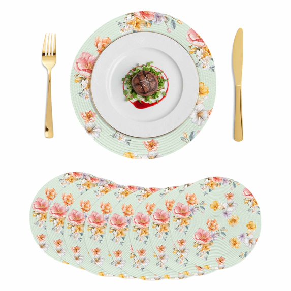 Spring Flowers Round 15 Inch Placemats Set of 8, Yellow Pink Floral Rustic Botanical Green HeatResistant Non Slip Place Mats for Dining Table, Wipeable Braided Kitchen Table Mats for Housewarming
