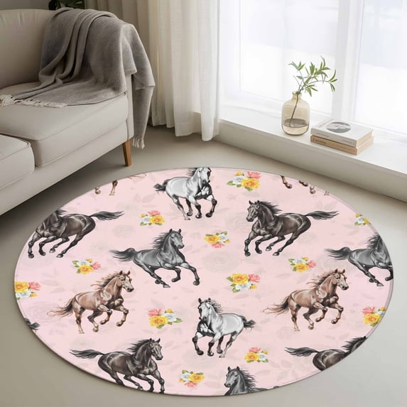 Spring Flowers Round Area Rug 3.3Ft Washable Circle Rugs for Dining Room Table, Black Brown White Horse Country Pink Non-Slip Carpet Floor Mats Indoor Outdoor Carpet Runner Aesthetic Home Decor