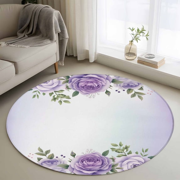 Spring Flowers Round Area Rug 3.3Ft Washable Circle Rugs for Dining Room Table, Botanical Purple Floral Leaaves Gradient Non-Slip Carpet Floor Mats Indoor Outdoor Carpet Runner Aesthetic Home Decor