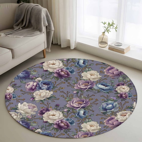Spring Flowers Round Area Rug 3.3Ft Washable Circle Rugs for Dining Room Table, Farmhouse Retro Botanical Purple Blue Floral Non-Slip Carpet Floor Mats Indoor Outdoor Carpet Runner Home Decor