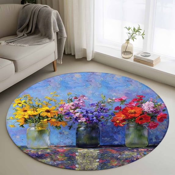 Spring Flowers Round Area Rug 4ft, Colorful Vases Floral Oil Painting Art Washable Non-Slip Circle Rugs for Bedroom Living Room Kitchen, Soft Non Shedding Circle Carpet for Dining Room Dorm