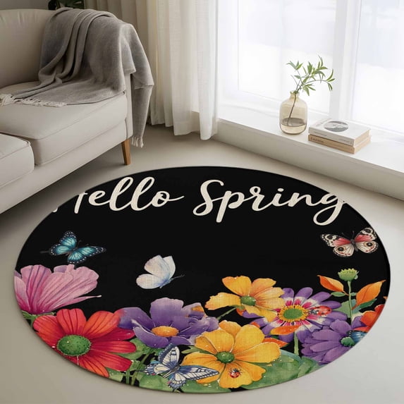 Spring Flowers Round Area Rug 4ft, Watercolor Country Colorful Floral Black Washable Non-Slip Circle Rugs for Bedroom Living Room Kitchen, Soft Non Shedding Circle Carpet for Dining Room Dorm