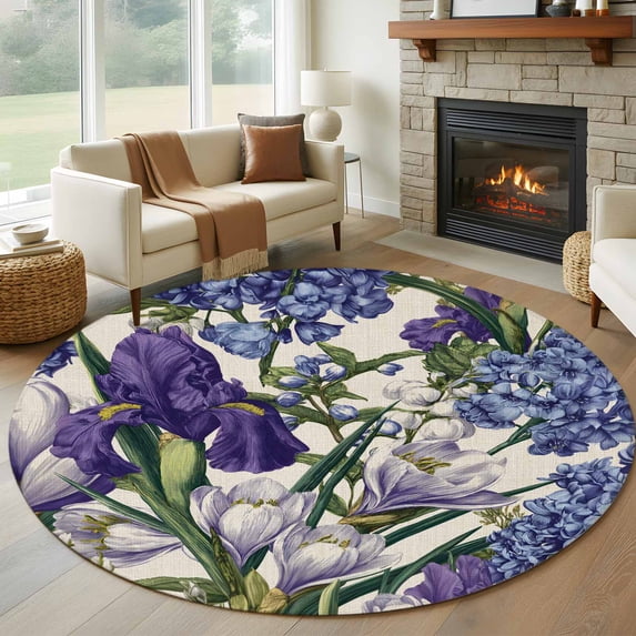Spring Flowers Round Area Rug 5Ft Washable Circle Rugs for Living Room Bedroom, Purple Hydrangea Orchid Floral Country Beige Non-Slip Carpet Floor Mats Indoor Outdoor Carpet Runner Home Decor
