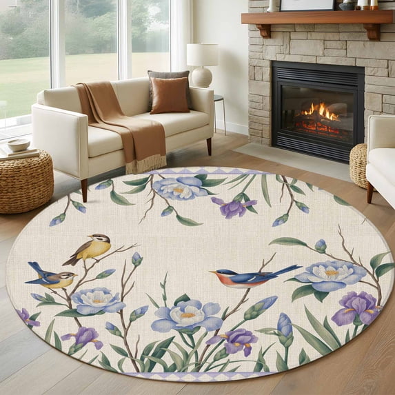 Spring Flowers Round Area Rug 5Ft Washable Circle Rugs for Living Room Bedroom, Vintage Floral Leaves Birds Farmhouse Plaid Non-Slip Carpet Floor Mats Indoor Outdoor Carpet Runner Home Decor