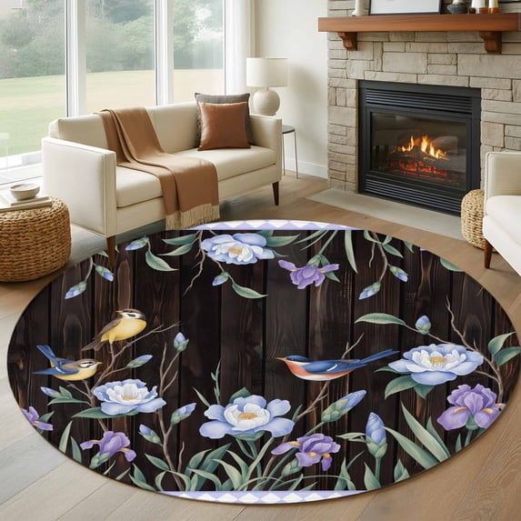 Spring Flowers Round Area Rug 7Ft Washable Circle Rugs for Dorm Laundry Room, Blue Floral Leaves Birds Country Farm Wood Grain Non-Slip Carpet Floor Mats Indoor Outdoor Carpet Runner Home Decor