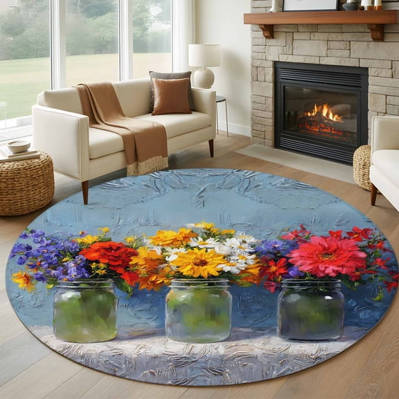 Spring Flowers Round Area Rug 8Ft Washable Large Circle Rugs for Living Room Dorm, Rustic Botanical Vases Floral Oil Painting Non-Slip Carpet Floor Mats Indoor Outdoor Carpet Runner Home Decor