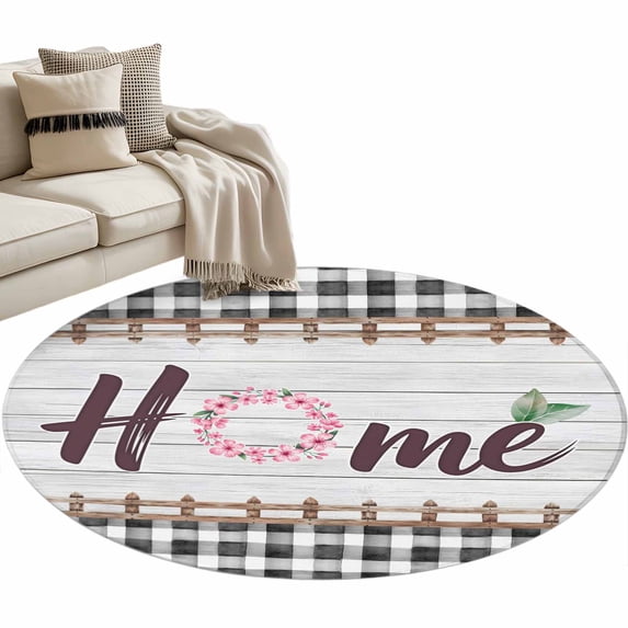 Spring Flowers Round Area Rugs Collection 4', Farmhouse Watercolor Black Plaid Wood Grain Non Slip Indoor Circular Throw Runner Rug Floor Mat Carpet for Living Room Dining Table Bedroom Nursery