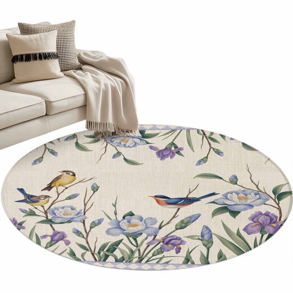 Spring Flowers Round Area Rugs Collection 4', Vintage Floral Leaves Birds Farmhouse Plaid Non Slip Indoor Circular Throw Runner Rug Floor Mat Carpet for Living Room Dining Table Bedroom Nursery