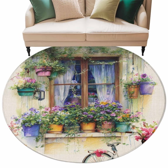Spring Flowers Round Area Rugs Collection 6', Botanical Windows Floral Pots Bicycle Non Slip Indoor Circular Throw Runner Rug Floor Mat Carpet for Living Room Dining Table Bedroom Nursery
