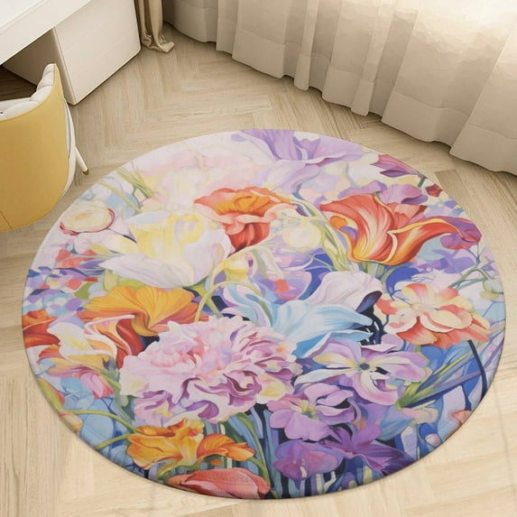 Spring Flowers Round Area Rugs for Bedroom Living Room, 4FT Soft Comfy Indoor Circle Carpets, Carpet Home Decor Floor Mat